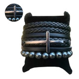 Conjunto 3 Pulseira Masculina Feminina Couro Cruz Crucifixo