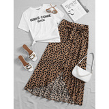 Conjunto Top Con Estampado De Letra Con Falda Con Estampado