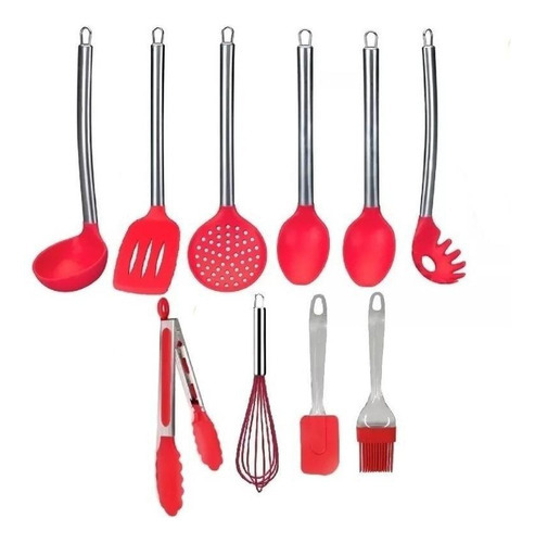 Kit 10 Colheres De Silicone Cabo Inox Utensílios Vermelho