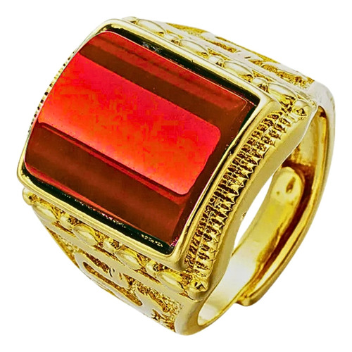 Anillo Argolla Color Oro Piedra Negra Roja Ajustable Hombre