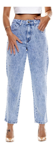 Calça Jeans Feminina Mom Cintura Alta Com Pérola Strass