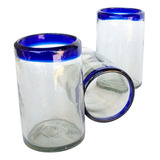 6 Vaso Agua 8x13 Vidrio Soplado Artesanal Con Borde Azul