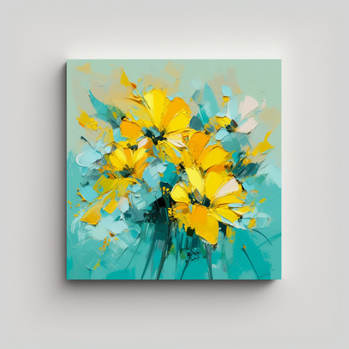 40x40cm Cuadro Floral Moderno Amarillo Y Turquesa En Lienzo