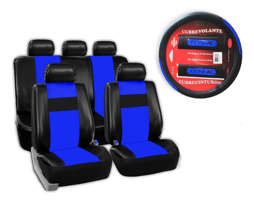 Kit Funda Asientos Volante Cinturones Auto Eco Cuero Azul