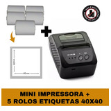 Mini Impressora Bluetooth + 5 Rolos Etiqueta Adesiva 40x40 