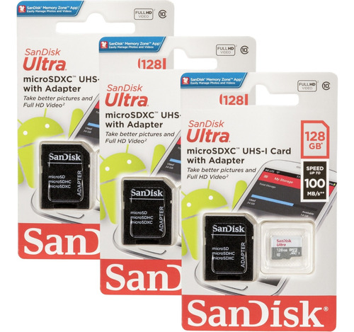 Kit 3 Sandisk 128gb Micro Sdxc Ultra 100mb/s Classe 10