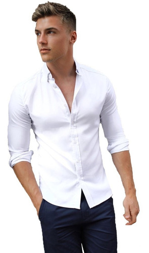 Camisa De Hombre Entallada, Elastizada - Slim Fit - Blanca.