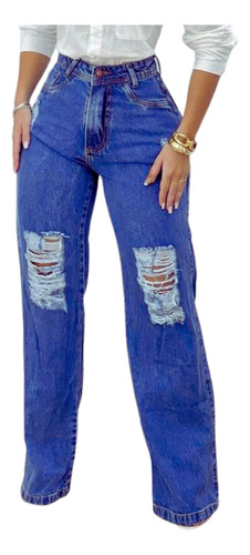 Calça Feminina Jeans Wide Leg Destroyed Premium Cos Alto 