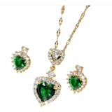 Collar Aretes Juego Joyas Coreanas Zirconia Verde Esmeralda
