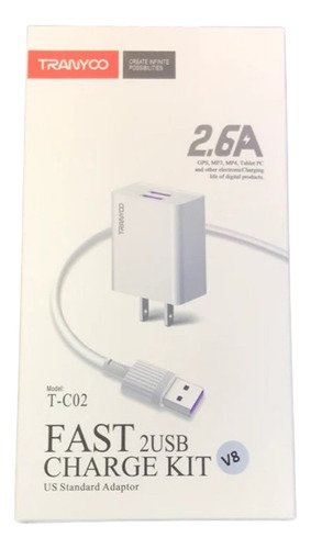 Cargador Usb Micro V8 Doble Puerto Carga Rápida 2.6a + Cable