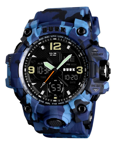 Reloj Camuflaje Militar Burk 1155 Cronometro Luz Alarma! Color De La Malla Camuflado Azul