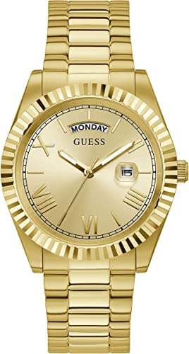 Guess 42mm Stainless Steel Day-date Watch With Coin Edge