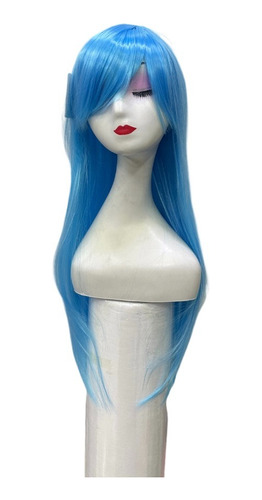 Peluca Sintética Lisa Para Cosplay Color Celeste Largo 60cm