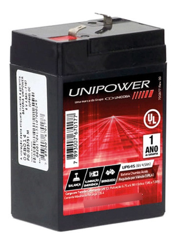 Bateria Recarregável Chumbo 6v 4.5ah (20hr) Up645