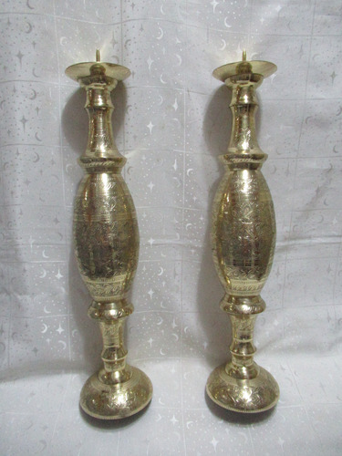 Antiguo Par Candelabros Altos Bronce Cincelado Burilado 50cm