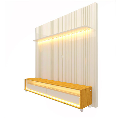 Rack E Painel Ripado Nobre C/rodizio Led Off White/naturale