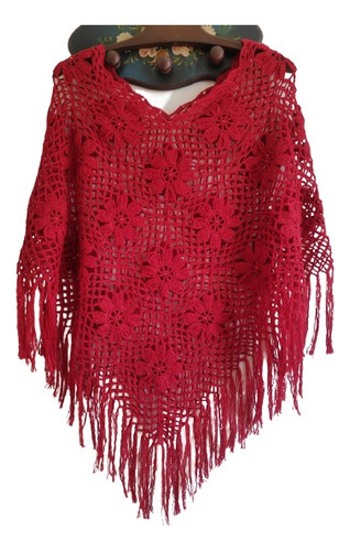 Poncho Tejido A Crochet 100% Lana Color Rojo