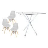 Mesa Vidro Quadrado 80cm Base Italy + 3 Cadeira Eiffel  