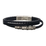 Pulsera Hombre Inox Triple Cuero Trenzado Eslabones De Acero