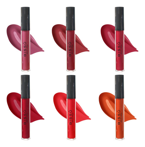 Brillo Labial Bissú Línea Labios Set 6 Tonos Rojos Oscuros