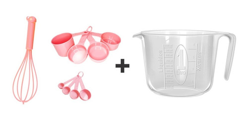 Kit Medidor De Cozinha Rosa + Jarra Medidora De 1 Litro