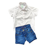 Camisa Social + Bermuda Jeans Infantil Menino Sport Fino