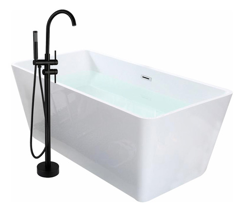 Solana Kit Tina De Baño Blanca Rectangular De Acrílico Slim 170x80x60 Cm + Grifo Independiente Tipo Cuello Cisne Monomando Negro / Kit De Lujo Completo Blanco/negro Para Cuarto De Baño