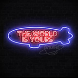 Cartel Neón Flex Led - Cuadro Globo The World Is Yours Retro