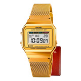 Relógio Skmei Digital Quadrado Dourado Pulseira Mesh 1660 + Cor Do Fundo Claro