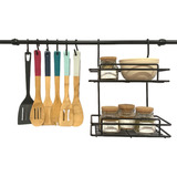 Set Cocina Estante Negro Doble Con 6 Ganchos S Y Barral 60cm