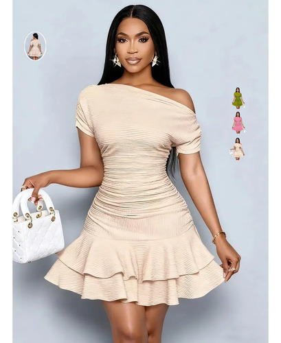 Vestido De Un Hombro Con Doble Capa De Pliegues,volantes