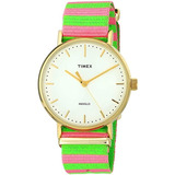 Timex Weekender Reloj De Mano Mujer Nailon Tw2p91800 Ev Color De La Correa Multicolor Color Del Bisel Dorado / Gold Color Del Fondo Blanco / White