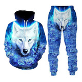 Conjunto Sudadera Capucha Hombre Estampado Lobo 3d Casual