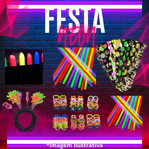 Kit Festa Neon 80 Ítens Óculos Placa Tiara+1 Batom De Brinde