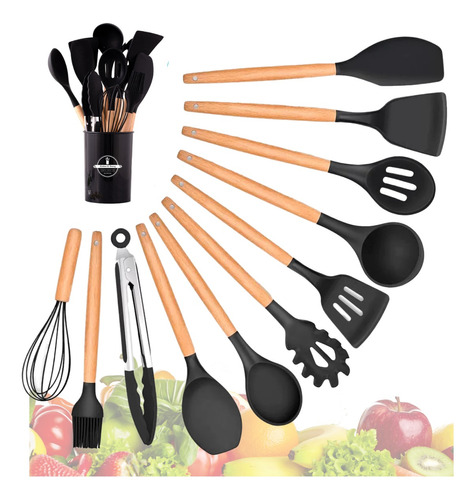 Kit 12 Utensílios De Cozinha Silicone Cabo Madeira Alimentos