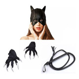 Combo Gatubela Mascara Latex Guantes Latigo Kit Disfraz Set Color Negro