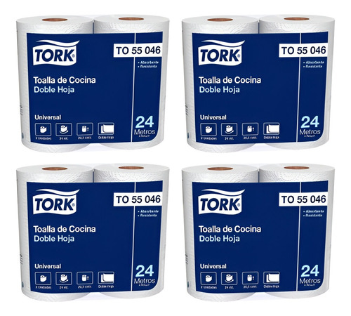 Pack X4 Toalla De Papel Tork Doble Hoja 24 Metros 2 Rollos