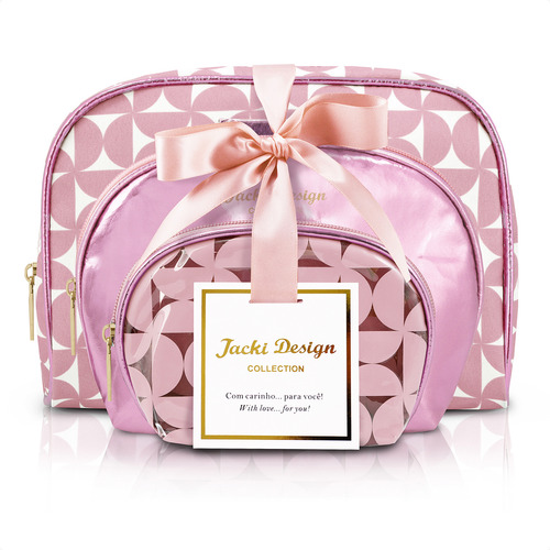 Kit De Necessaire Maquiagem Acessórios Viagem Jacki 3 Pçs Cor Rosa