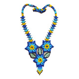Collar Para Mujer Mostacilla Checa Flor Huichol Boho Azul