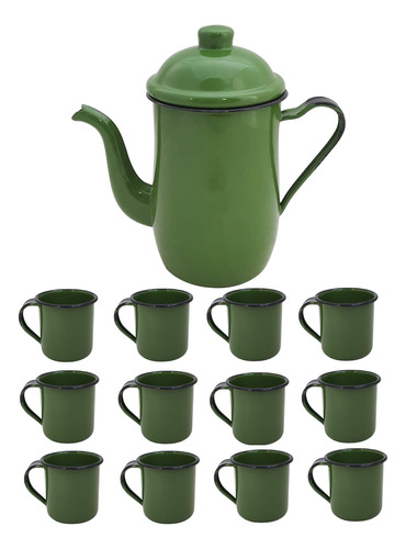 12 Canecas De Café 70ml E Bule Aço Denso Esmaltado 1,25l