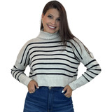 Cropped Moda Tricot Feminino Gola Alta Manga Longa Listrado