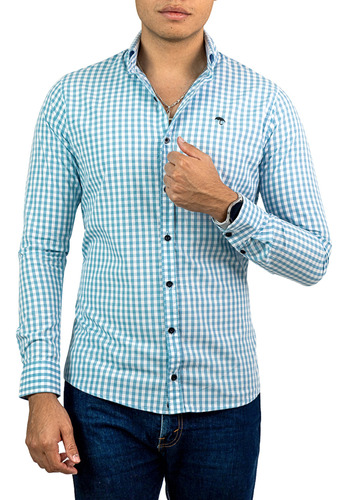 Camisa Hombre Casual Slim Cuadros Azul Cielo, Blancos Alexis