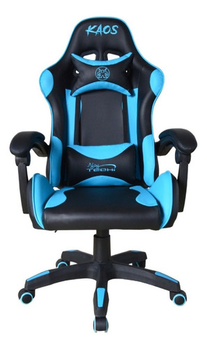 Silla De Escritorio Njoytech Kaos Gamer Ergonómica  Negra Y Celeste Con Tapizado De Cuero Sintético