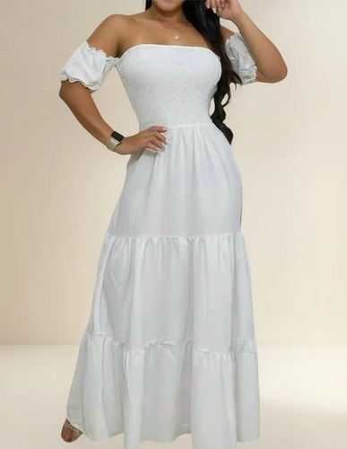 Vestido Campesino Unicolor Largo. Manga Corta