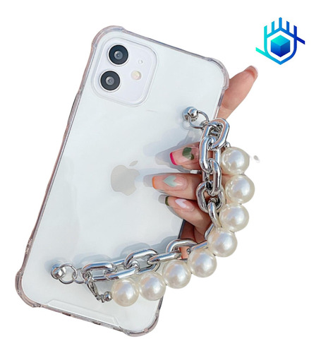 Funda Cadena Perlas + Mica Para iPhone Mujer Case Elegante