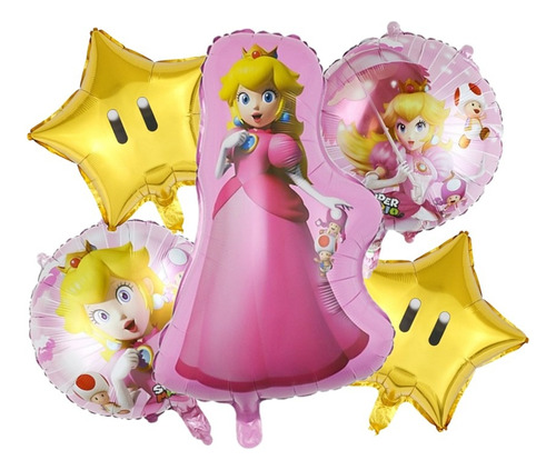 Pack 5 Globos Metalizado Princesa Peach Personaje Mario Bros