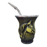 Mate Uruguayo De Calabaza Relieve Caballo Bombilla Alpaca 3d