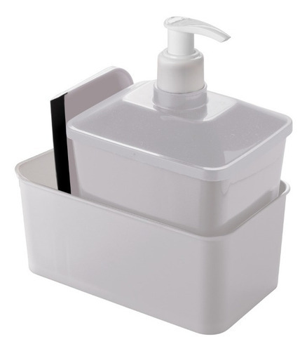 Kit Porta Detergente Dispenser Rodinho Quadrado Cozinha Pia Cor Branco