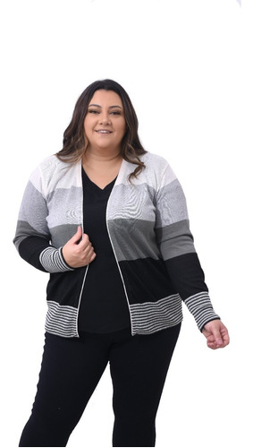 Blusa Casaco Cardigan Plus Size Lista Larga Tricô