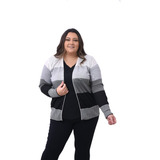 Blusa Casaco Cardigan Plus Size Lista Larga Tricô